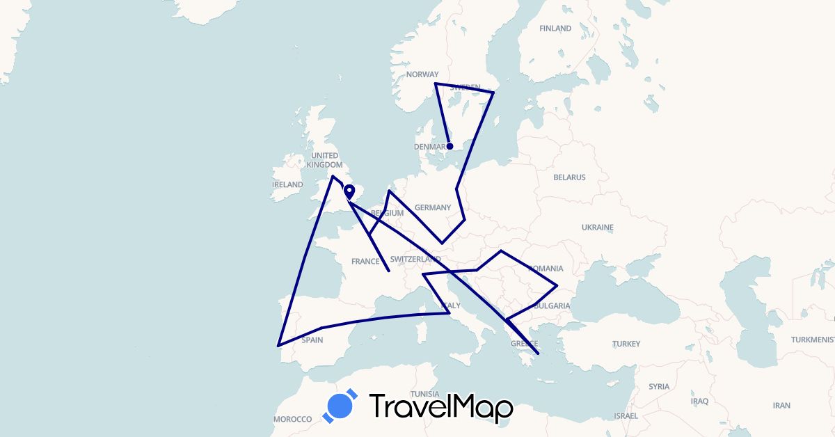 TravelMap itinerary: driving in Albania, Belgium, Bulgaria, Czech Republic, Germany, Denmark, Spain, France, United Kingdom, Greece, Croatia, Hungary, Italy, Netherlands, Norway, Portugal, Romania, Sweden (Europe)
